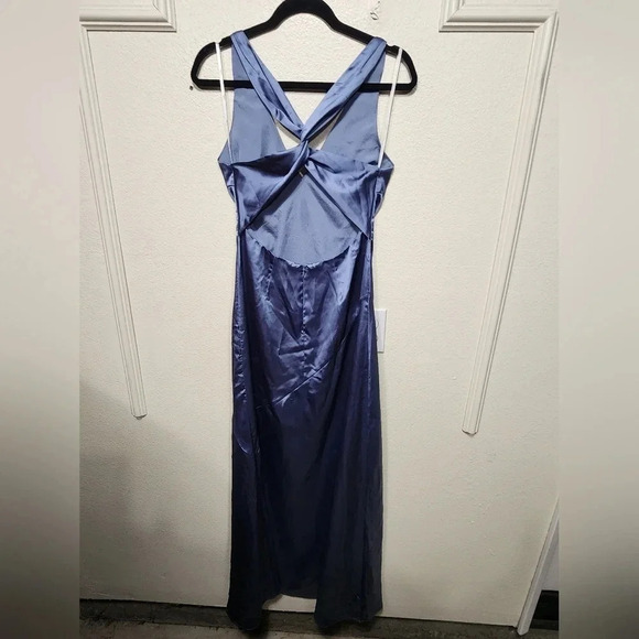 Lulus Purely Elegant Slate Blue Satin Twist-Back Maxi Dress Wedding Party Prom - Picture 10 of 12